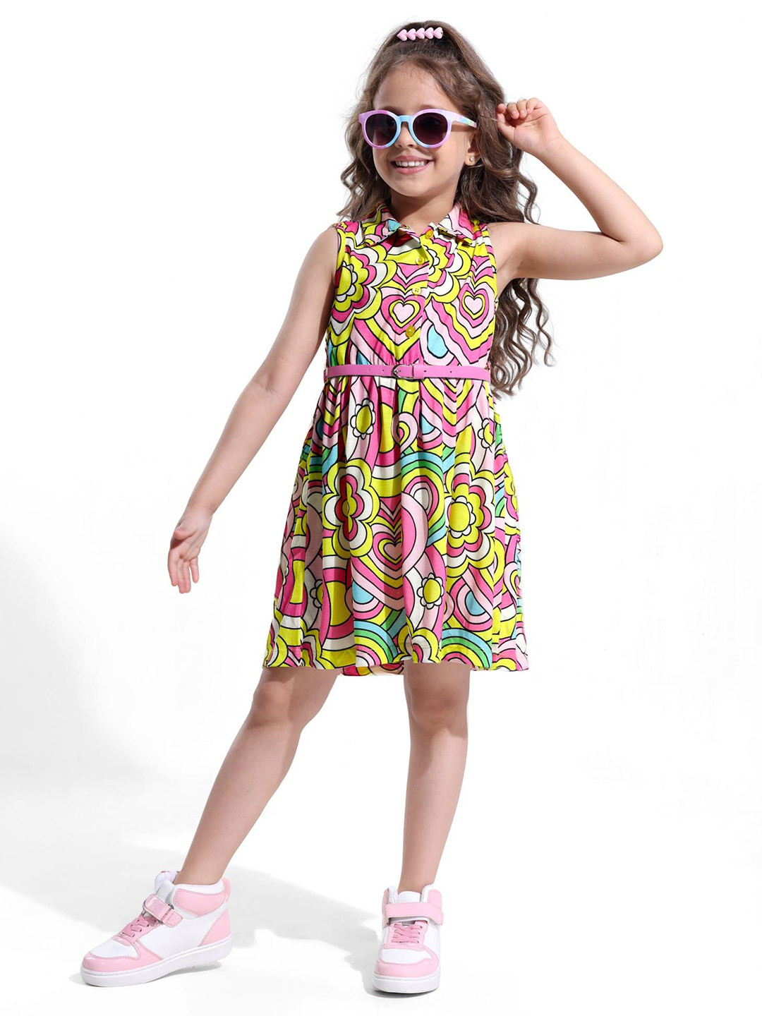 Hola Bonita Girls Self Design Printed Fit & Flare Dress With Hearts Print