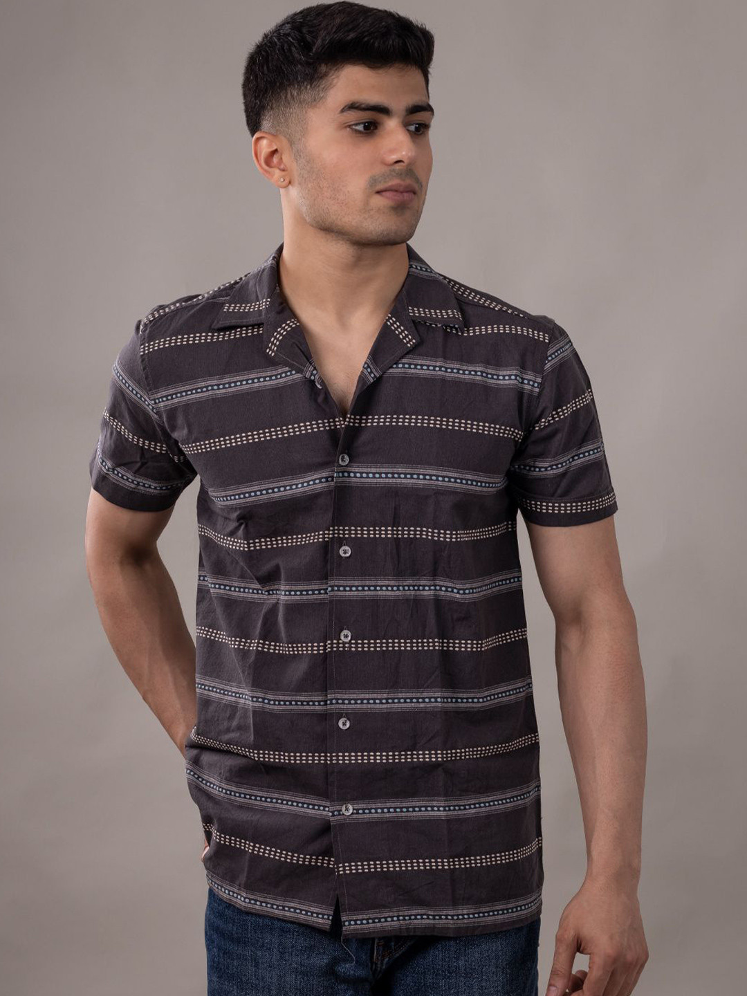 Suture Craft  Slim Fit Striped Cotton Cuban Collar Casual Shirt