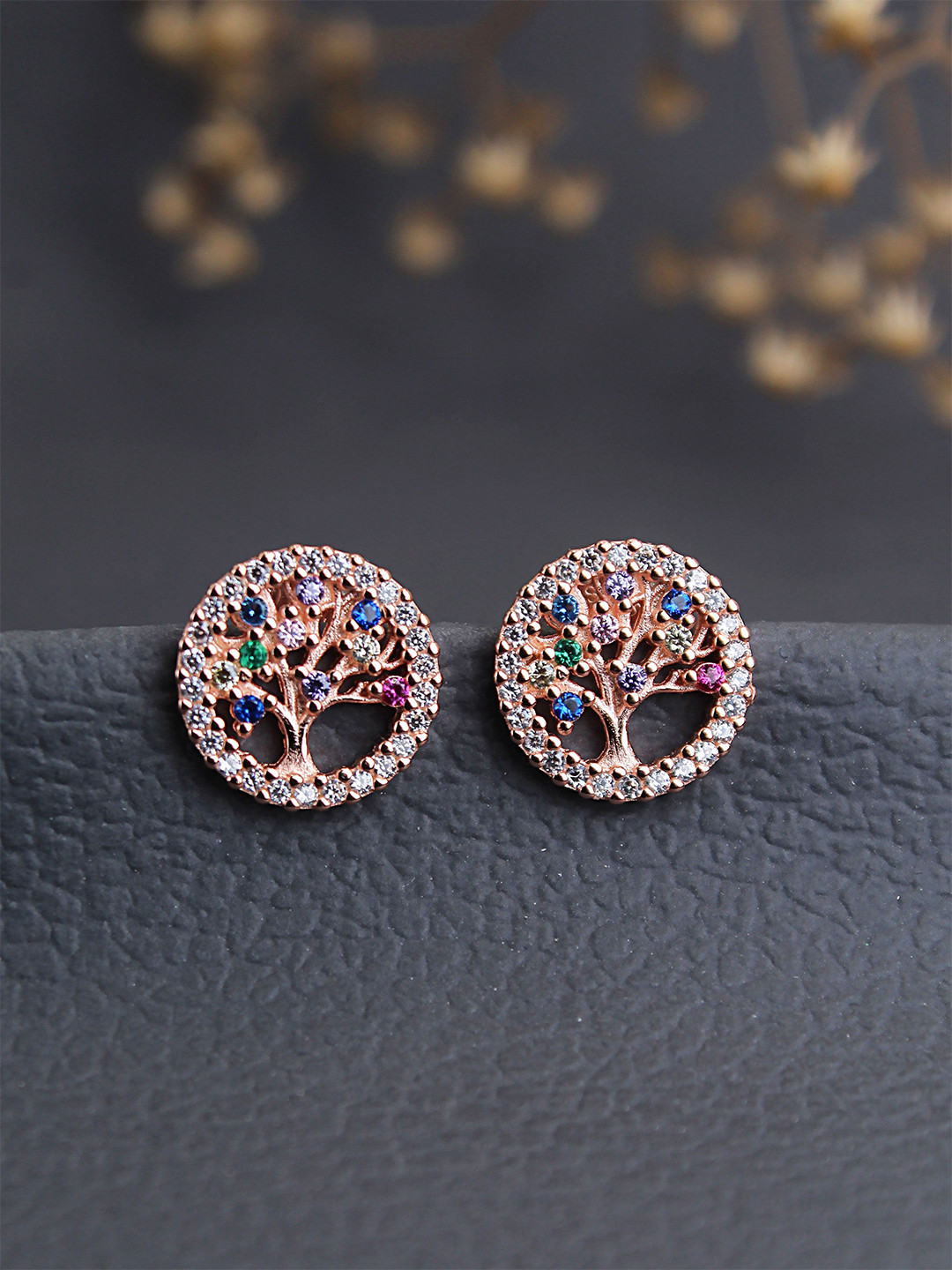 DEVASHREE 925 Sterling Silver Rhodium Plated CZ Studded Tree Of Life Circular Studs