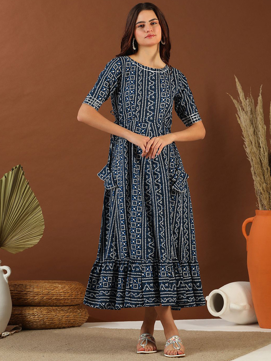 Inddus Women Bandhini Printed Gotta Detailed Ethnic Dress