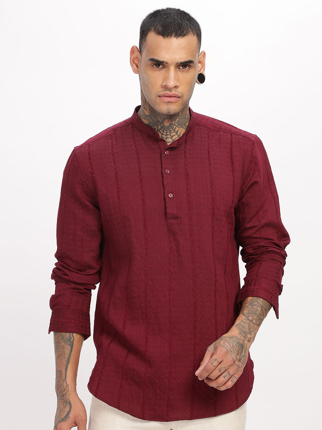 THREE DAYS Men Comfort Fit Textured Mandarin Collar Cotton Casual Shirt