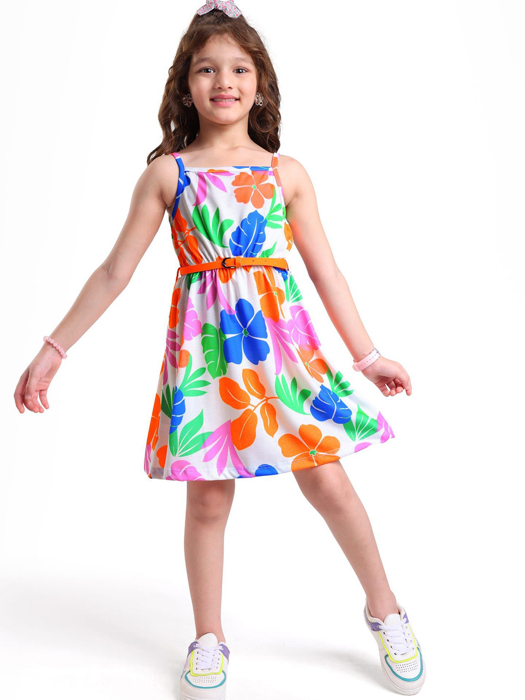 Hola Bonita Girls Tropical Print Belted Fit & Flare Dress