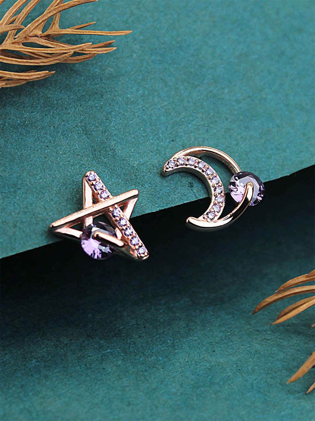 DEVASHREE 925 Sterling Silver Rose Gold-Plated Star Moon Shaped Studs Earrings