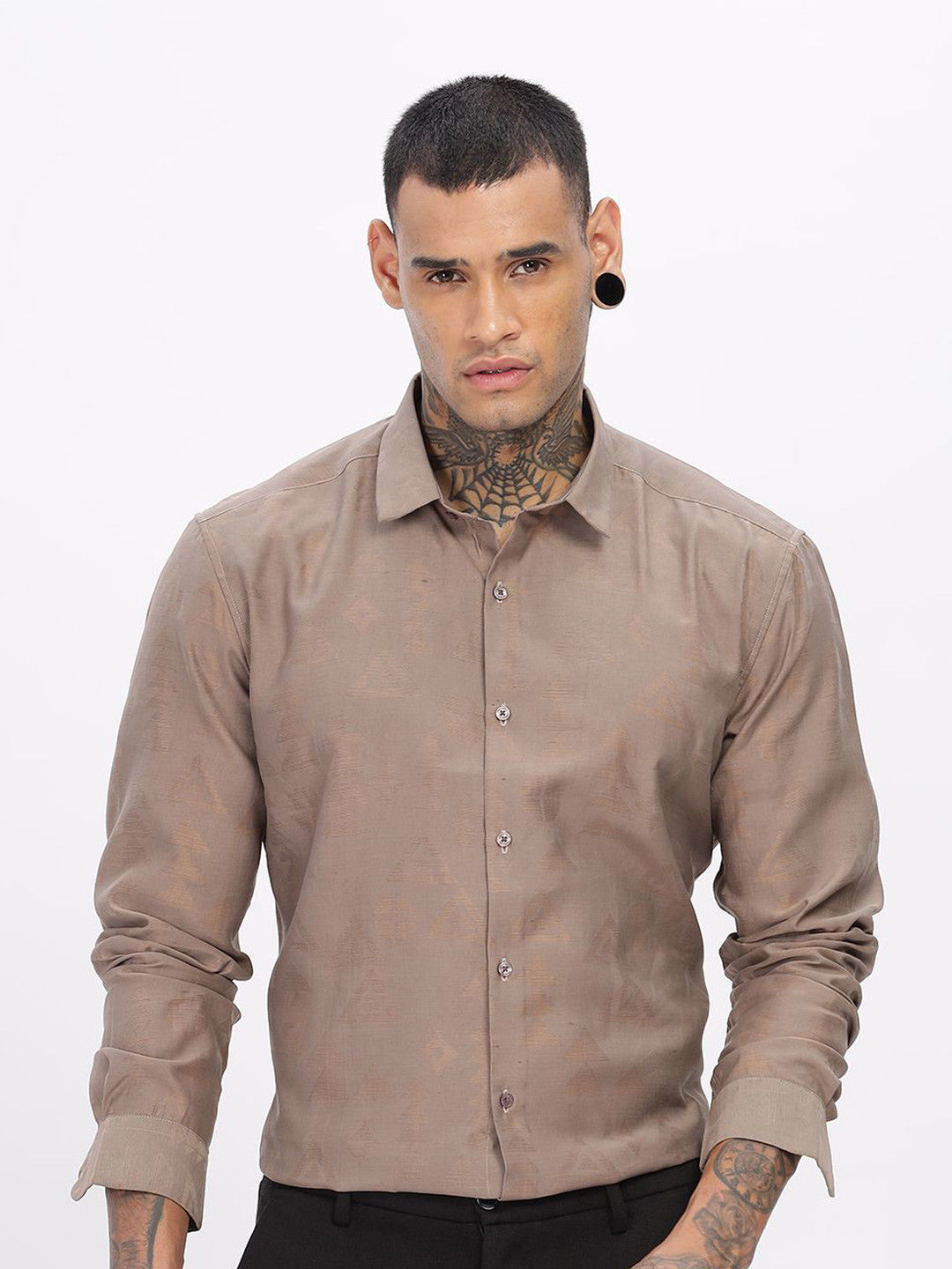 THREE DAYS Brasso Comfort Geometric Printed Spread Collar Cotton Shirt