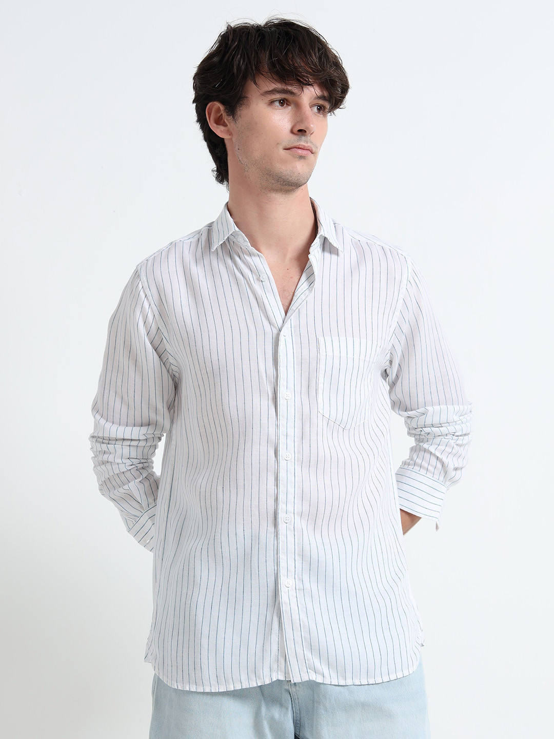 MARTIN SMITH Vertical Striped Long Sleeves Linen Shirt