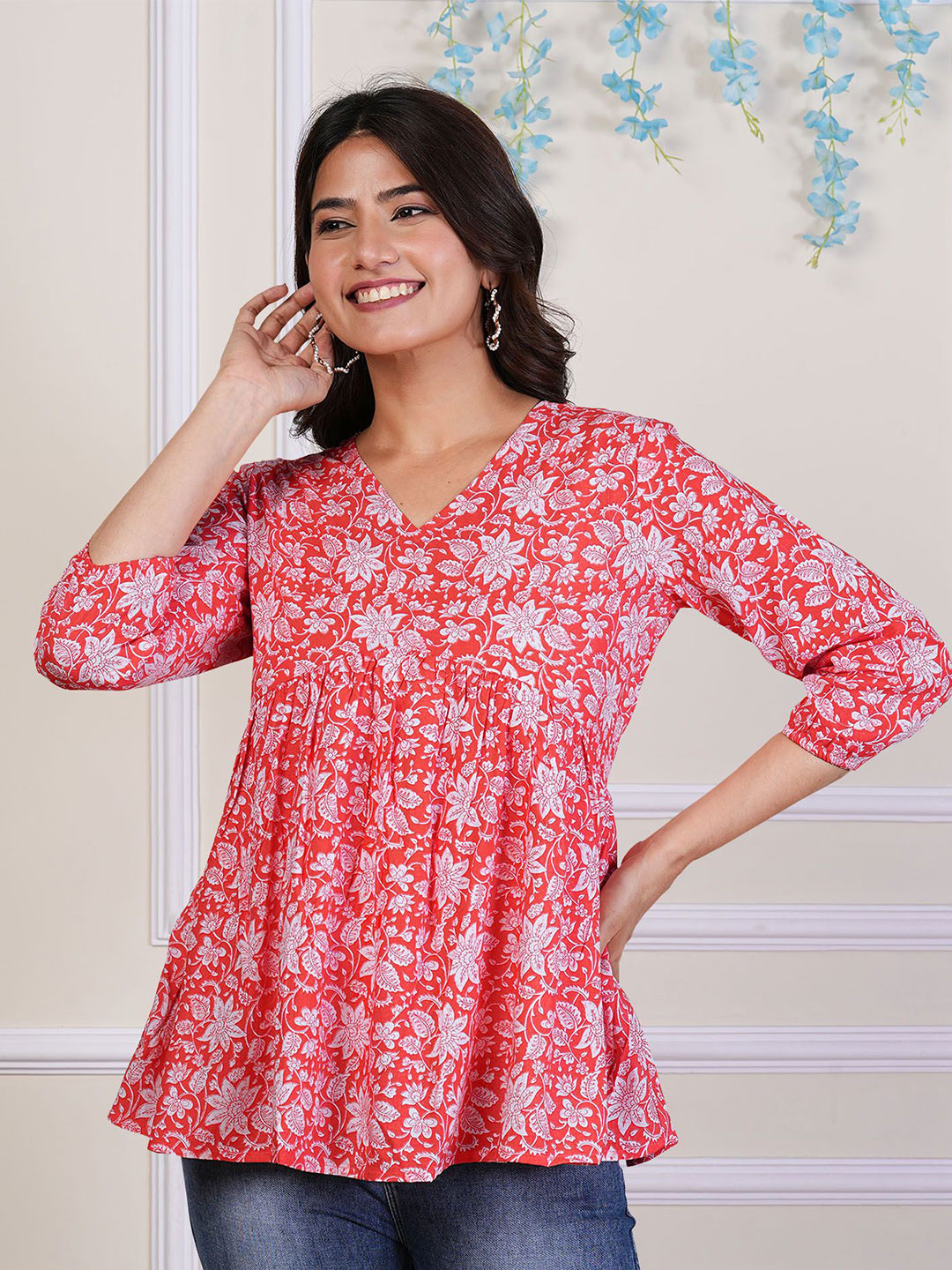 Dream Beauty Fashion Women Floral Print Gathered or Pleated Peplum Top-55-mahi-peach