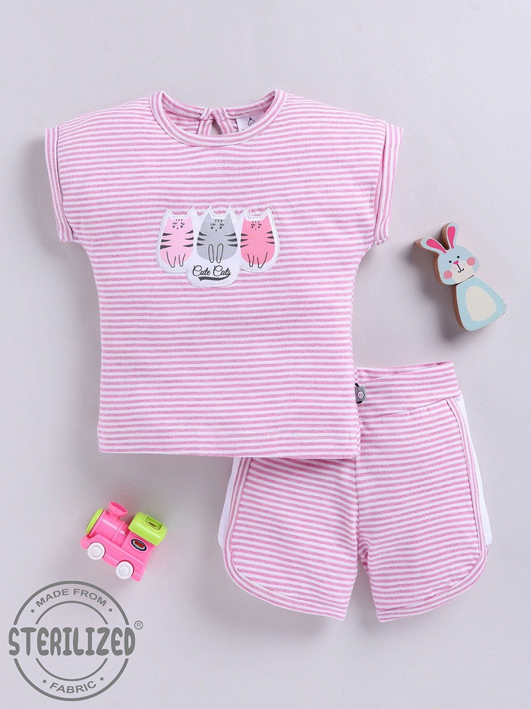 YK X Tinyo Infant Girls Pure Cotton Striped Kitty Face Applique Detail Top & Shorts