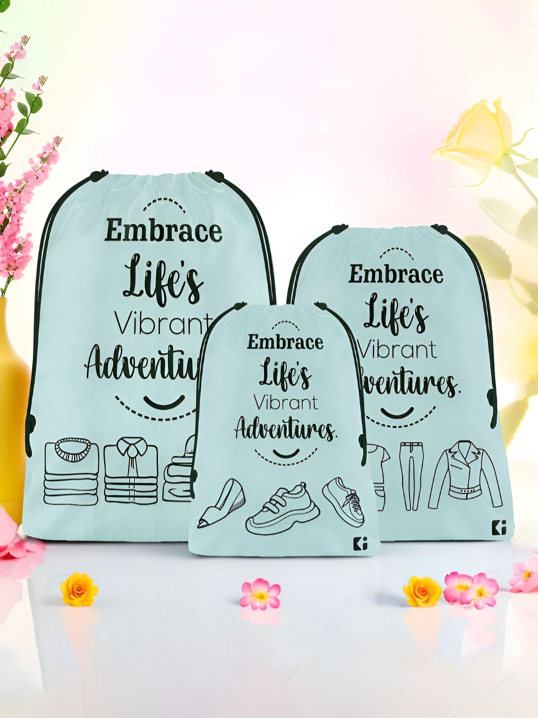Aura Blue & Black 3 Pieces Printed Foldable Laundry Bags
