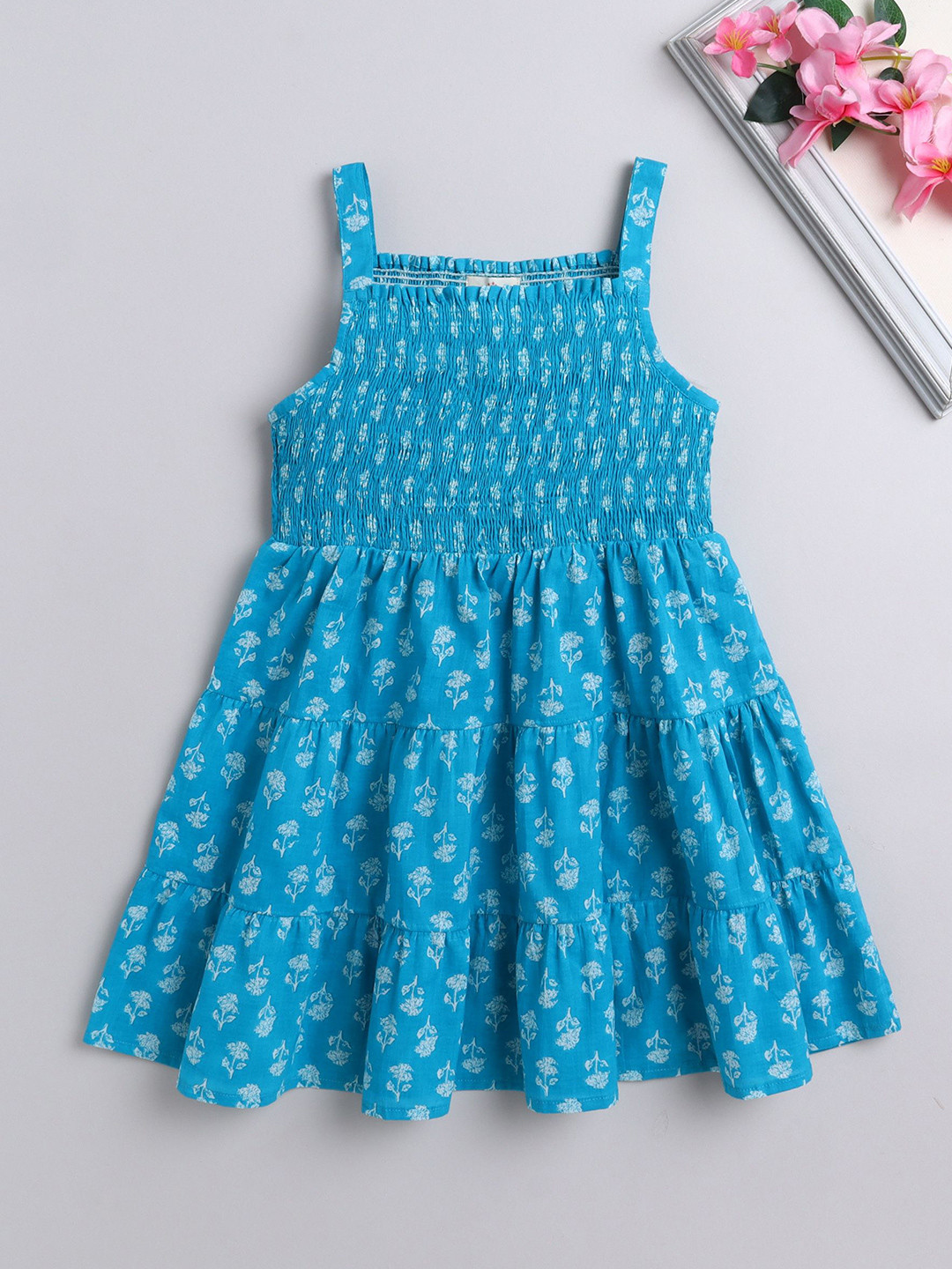 The Magic Wand Girls Square Neck Cotton Fit & Flare Dress With Smocked Detailed