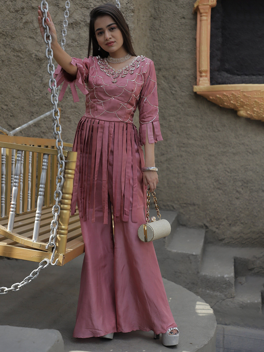 GloballyRonakRBafna Embellished V Neck Cut-Strap Top With Palazzo Co-Ords