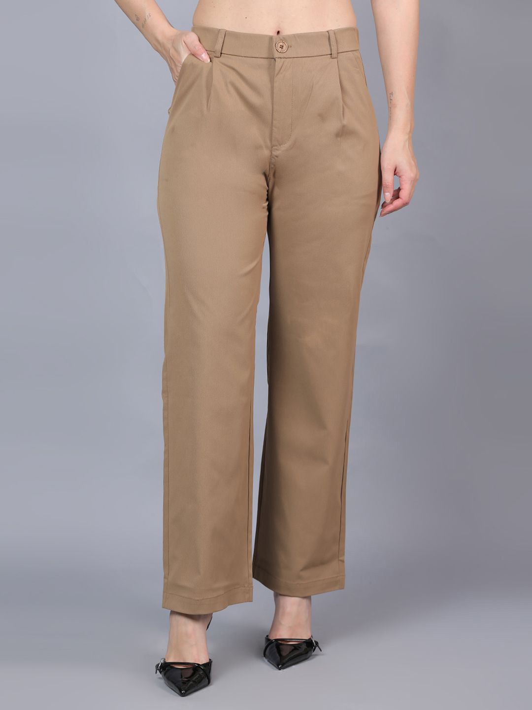 God's Club Women Straight Fit High-Rise Cotton Formal Trousers