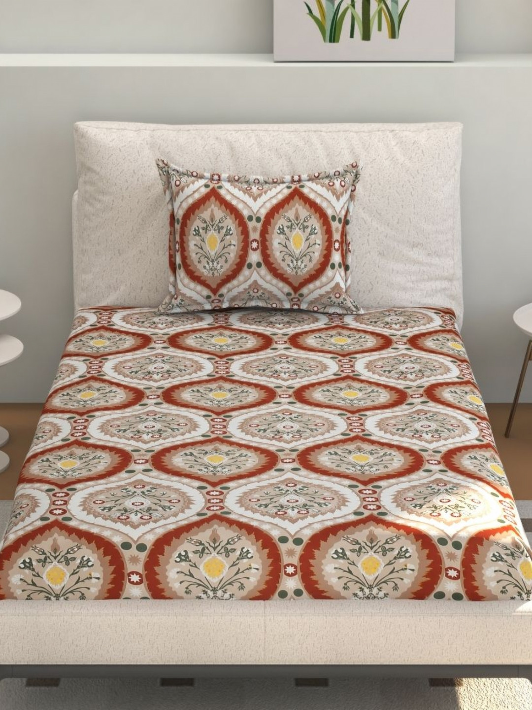 Florida Orange & Beige Floral 160 TC Single Bedsheet Set 275 cm X 228 cm