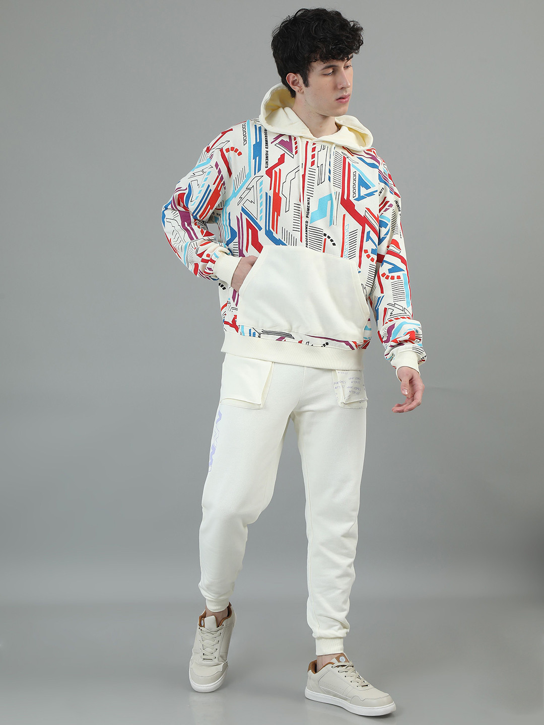 ANML Men Abstract Printed Hooded  Ribbed Hemlin Kangaroo Pocket Cotton Sweatshirt