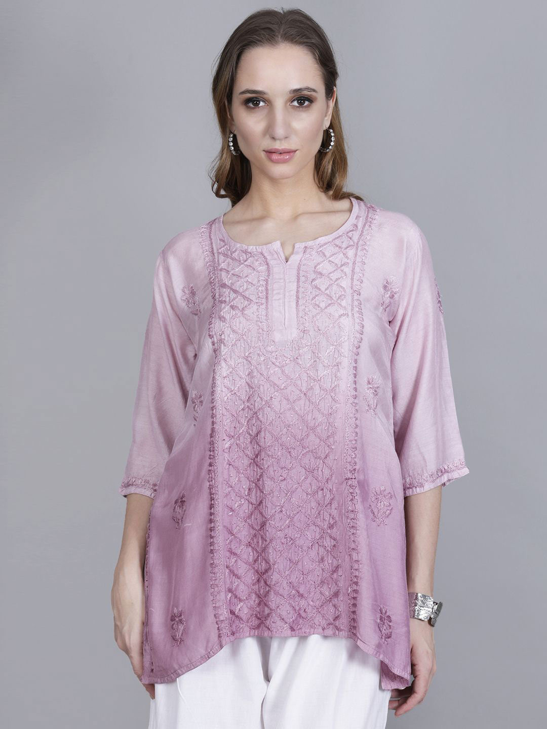 NAZAQAT ETHNIC INDIA Hand-Embroidered Pure Muslin Chikankari Kurti