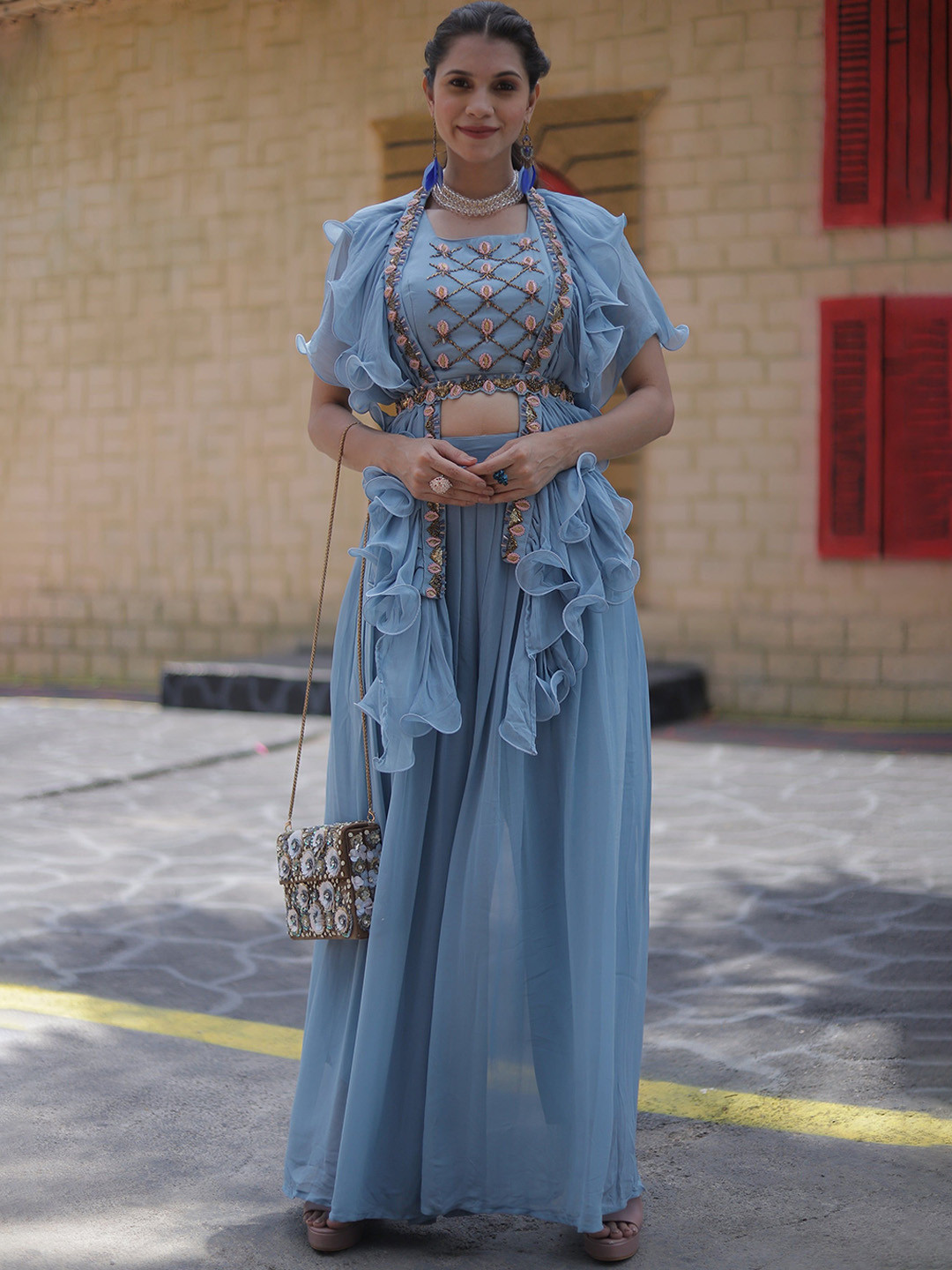 GloballyRonakRBafna Embroidered Square Neck Top & Ruffled Jacket With Palazzos Co-Ords