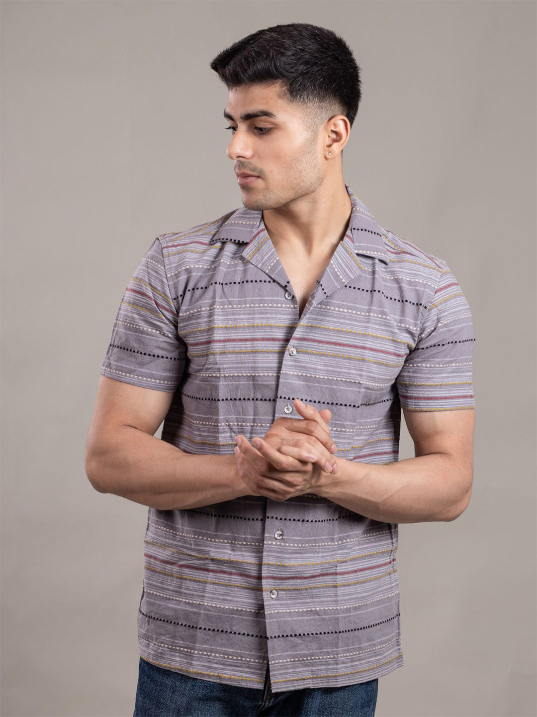 Suture Craft Boho Breeze Original Horizontal Striped Slim Fit Pure Cotton Reversible Shirt