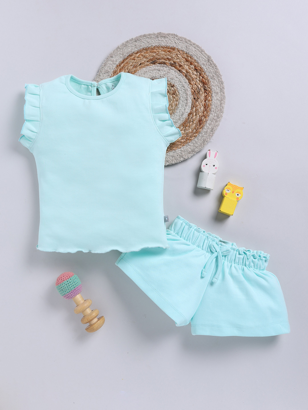 YK X Tinyo Girls Ruffle and Back Button Detail Top with Shorts