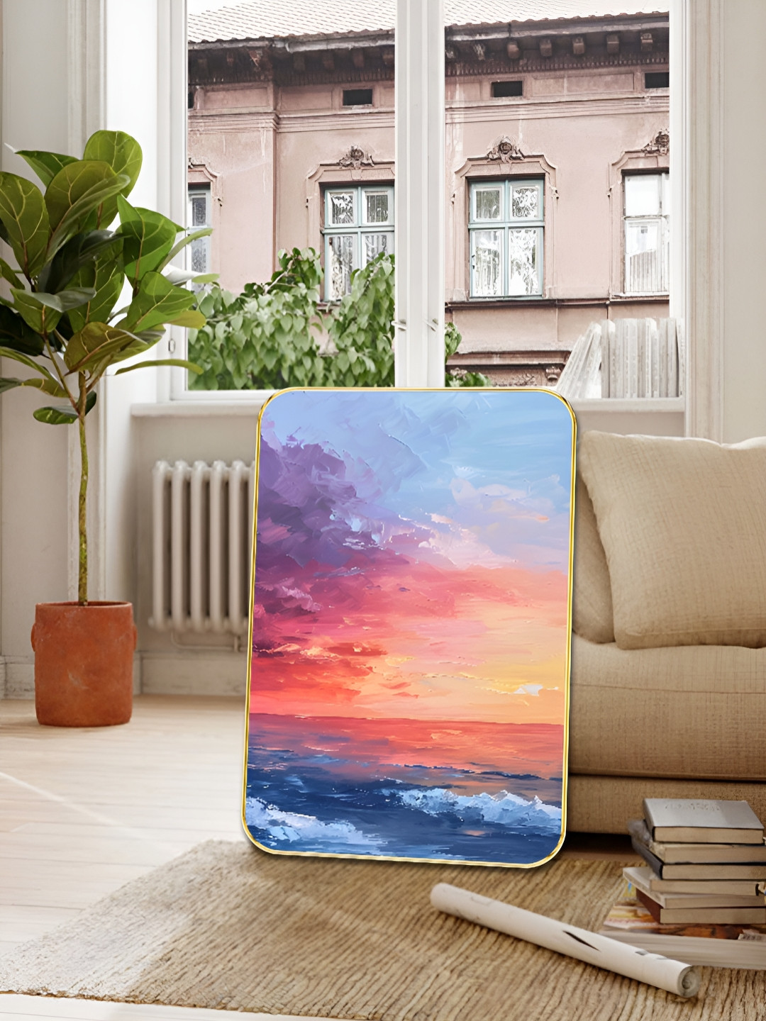 Livin'luxe Blue & Orange Ocean Sunset Abstract Wooden Wall Art
