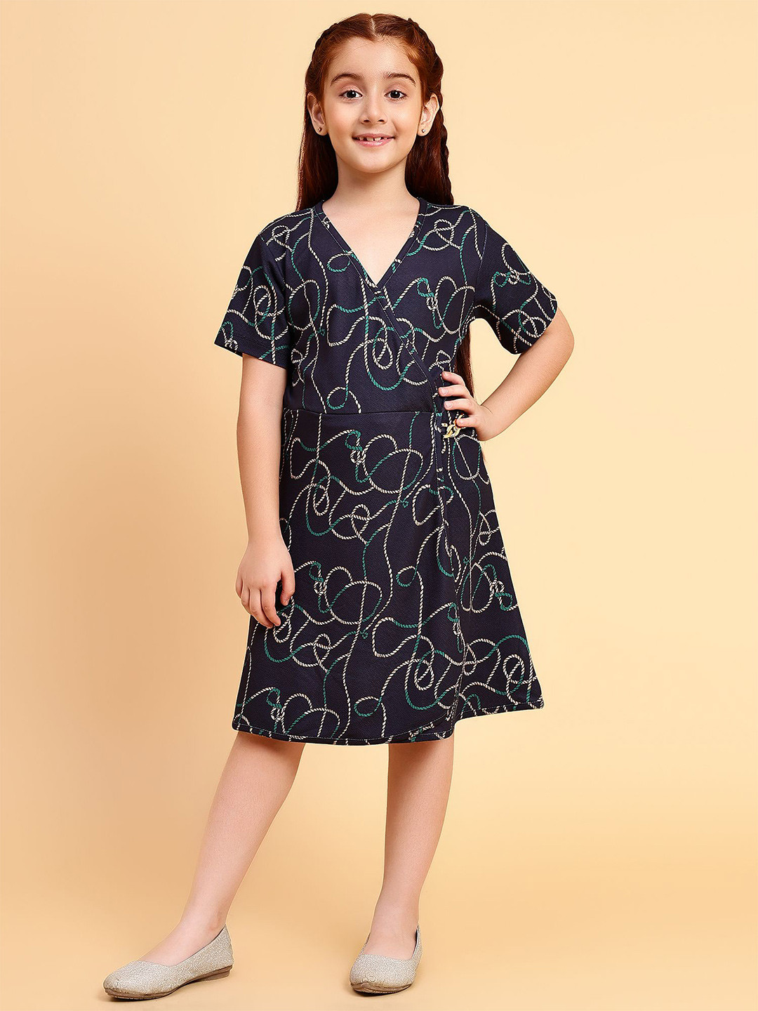 Lazy Shark Girls Geometric Printed V-Neck Fit & Flare Knee Length Dress