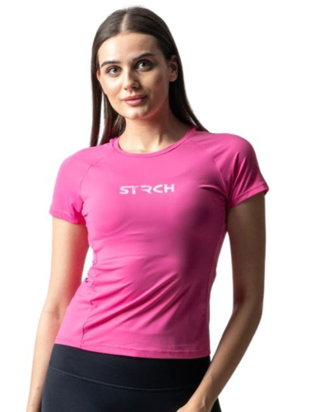 STRCH Women Nylon Rhytm Pink Typography Printed Round Neck Short Sleeves Slim Fit T-shirt