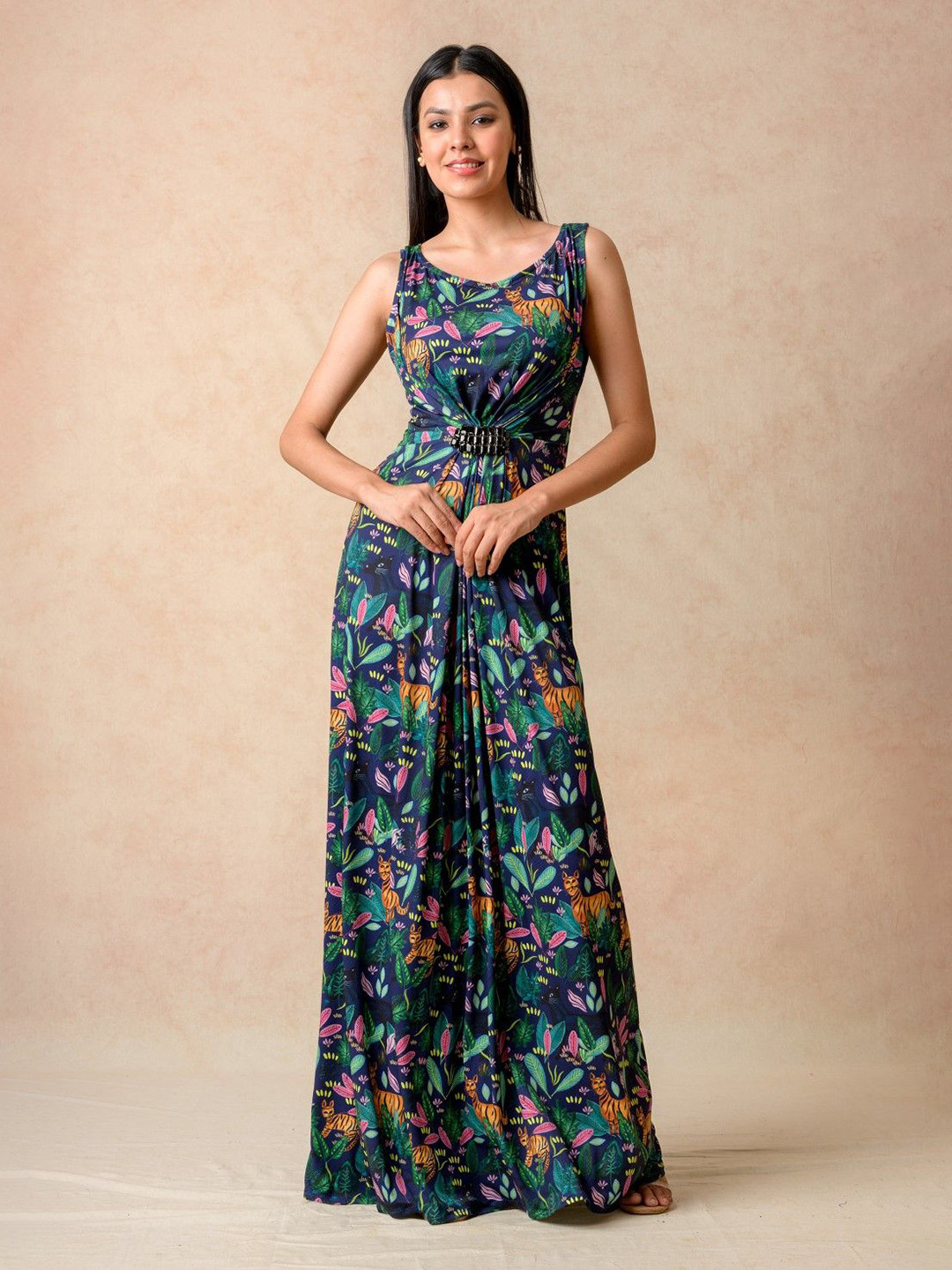 THETAA Women Jungle Printed Gathered Sleeveless Maxi Dress