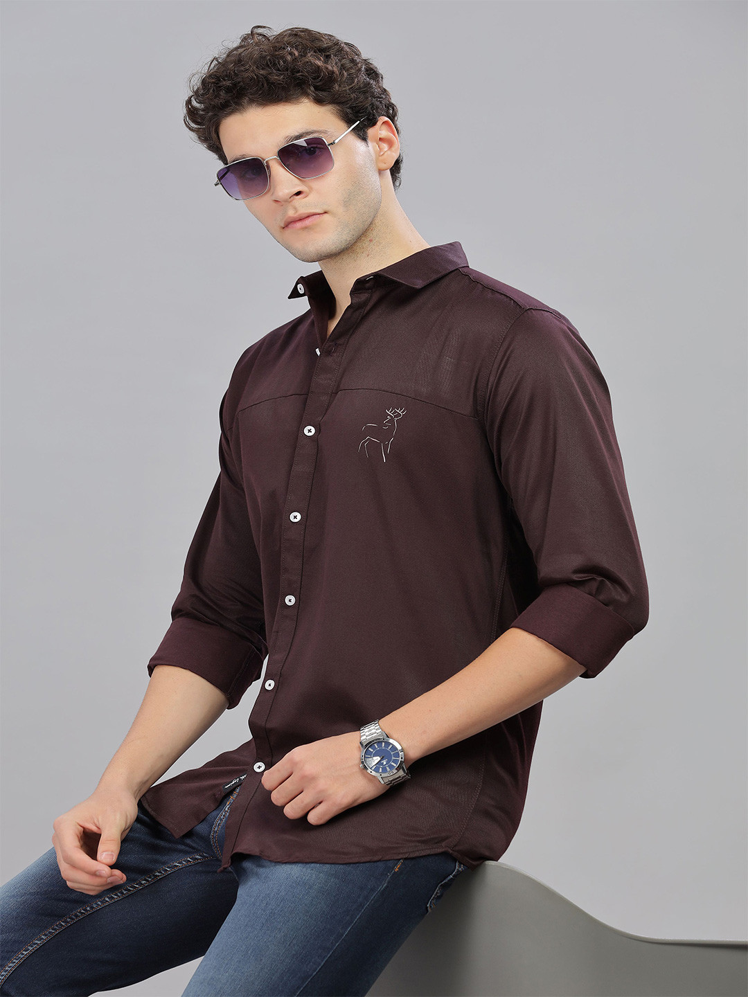 7TH LEGION Self Design Spread Collar Casual Shirt