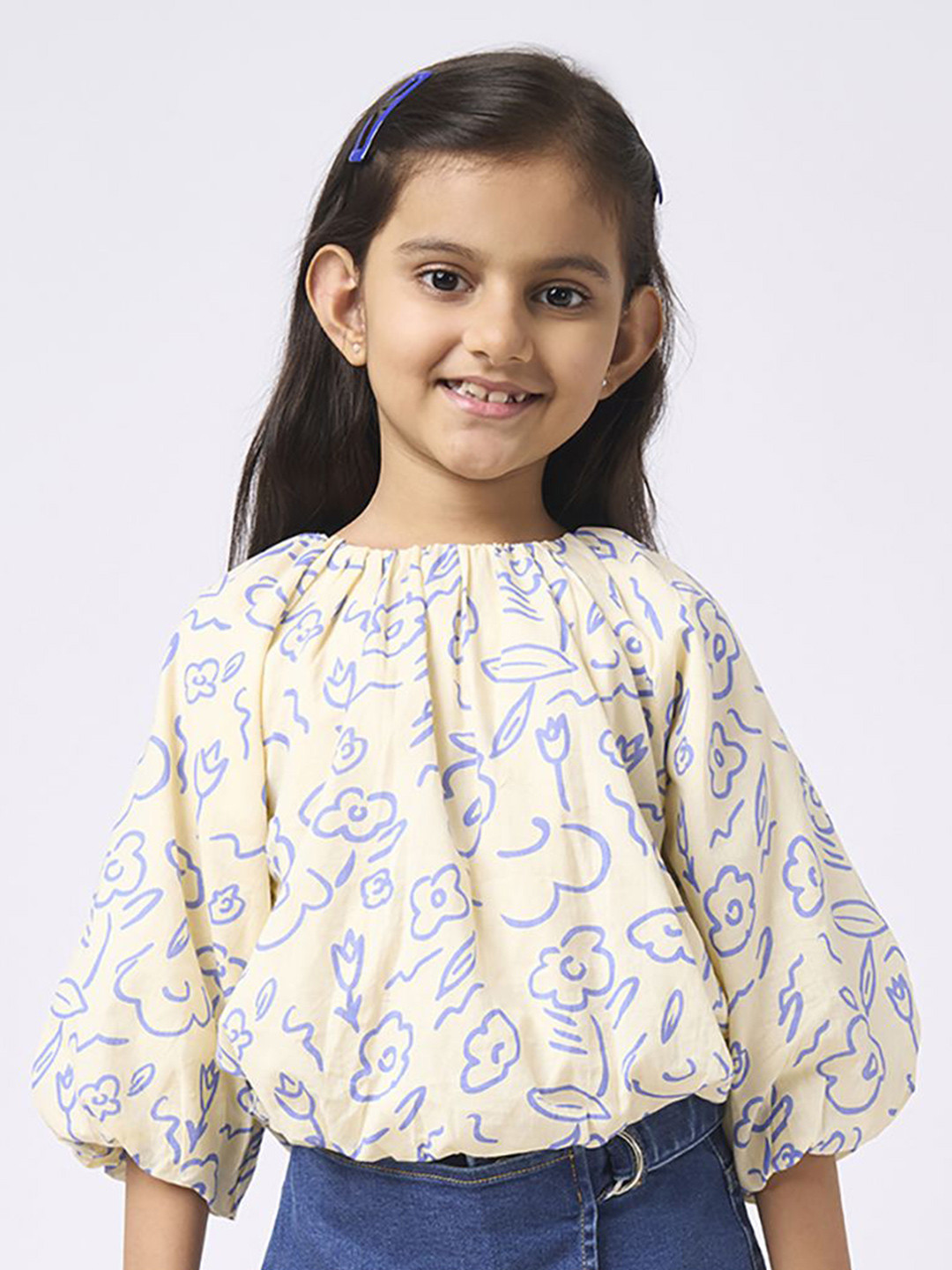 Ed-a-Mamma Girls Abstract Print Puff Sleeve Cotton Balloon Top