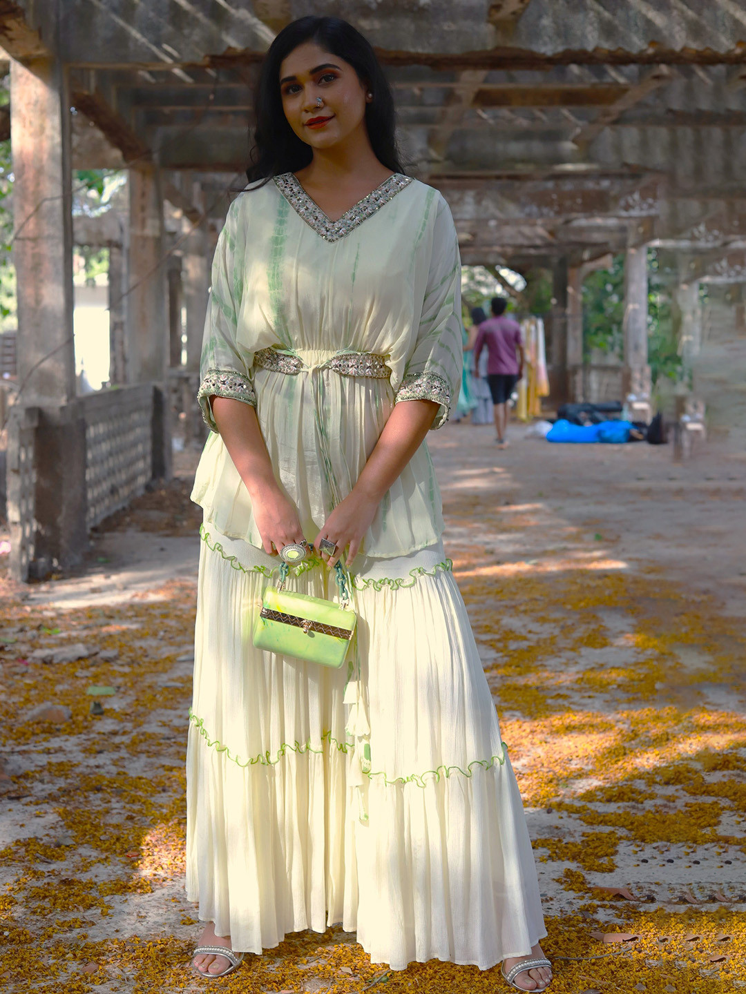 GloballyRonakRBafna Tye & Dye Top, Belt With Frilled Palazzo Co-Ords