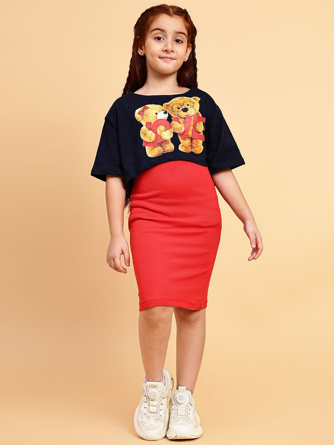 Lazy Shark Girls Graphic Printed Round Neck Cape Sleeve Bodycon Dress with Crop Top