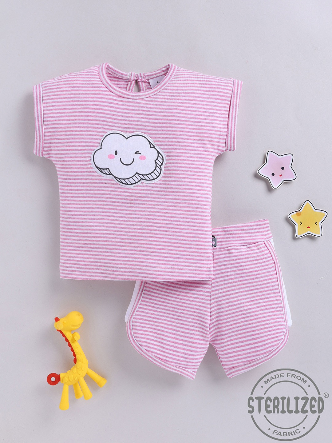 YK X Tinyo Infant Girls Pure Cotton Striped Cloud Applique Detail Top & Shorts