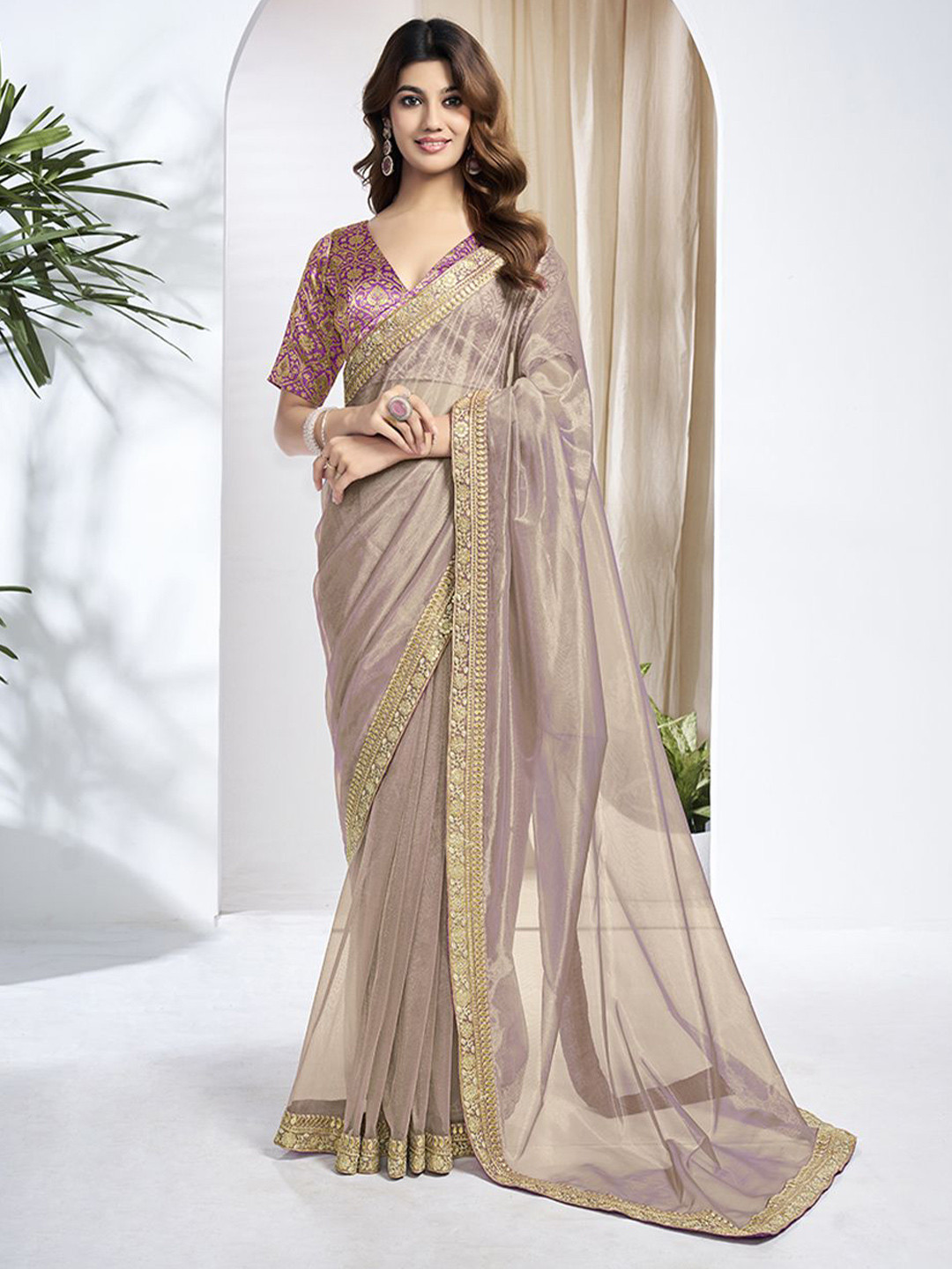 Inddus Sequinned Net Embroidered Border Saree With Blouse Piece