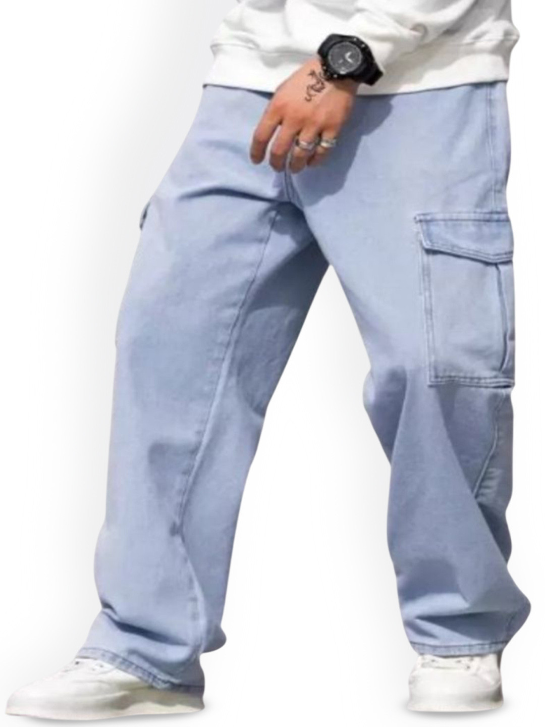 Playfeel Men Relaxed Straight Leg Loose Fit Cargos Denim Trousers