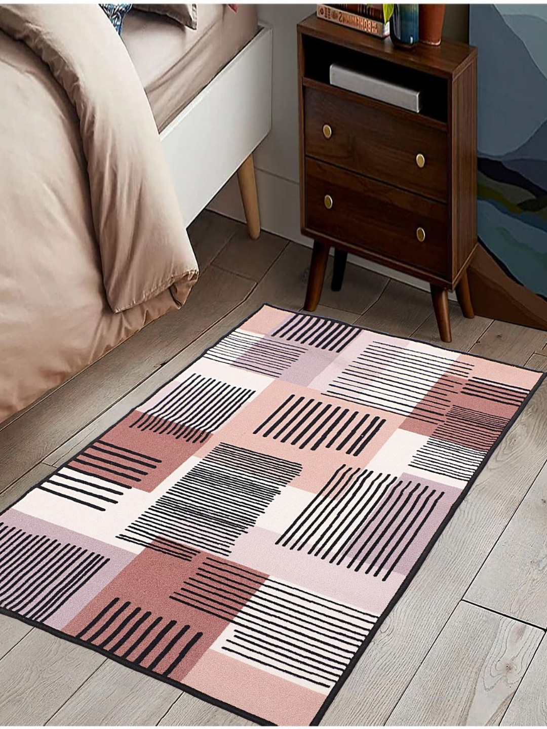 MODEFE White & Maroon Striped Light Anti-Skid Carpet