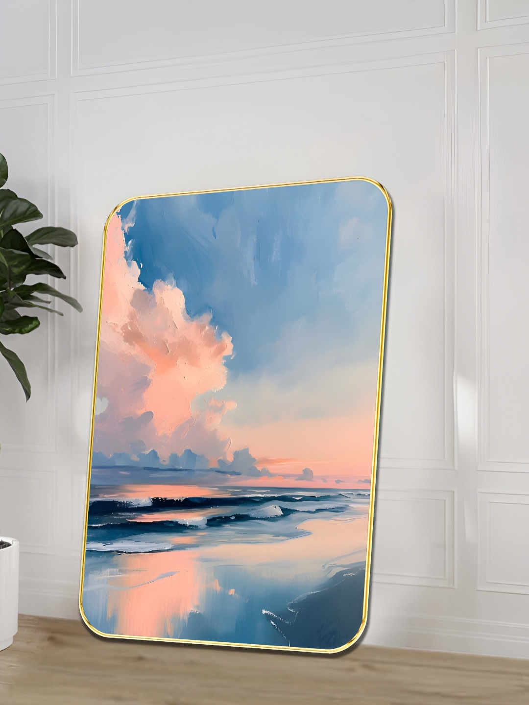 Livin'luxe Blue & Peach-Coloured 1 Piece Wooden Ocean Sunset Wall Art