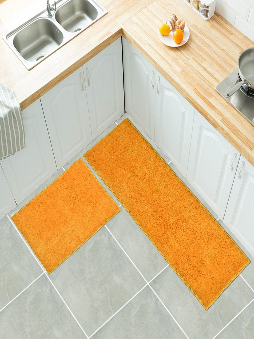 MAA HOME CONCEPT Yellow Set Of 2 Solid Anti-Skid Microfiber Kitchen Rug