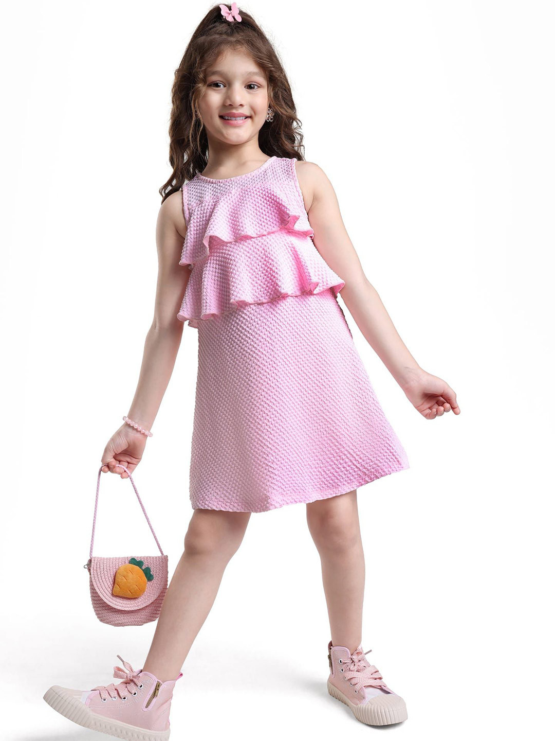 Hola Bonita Girls Sleeveless Ruffles A-Line Dress With Frill Detailing