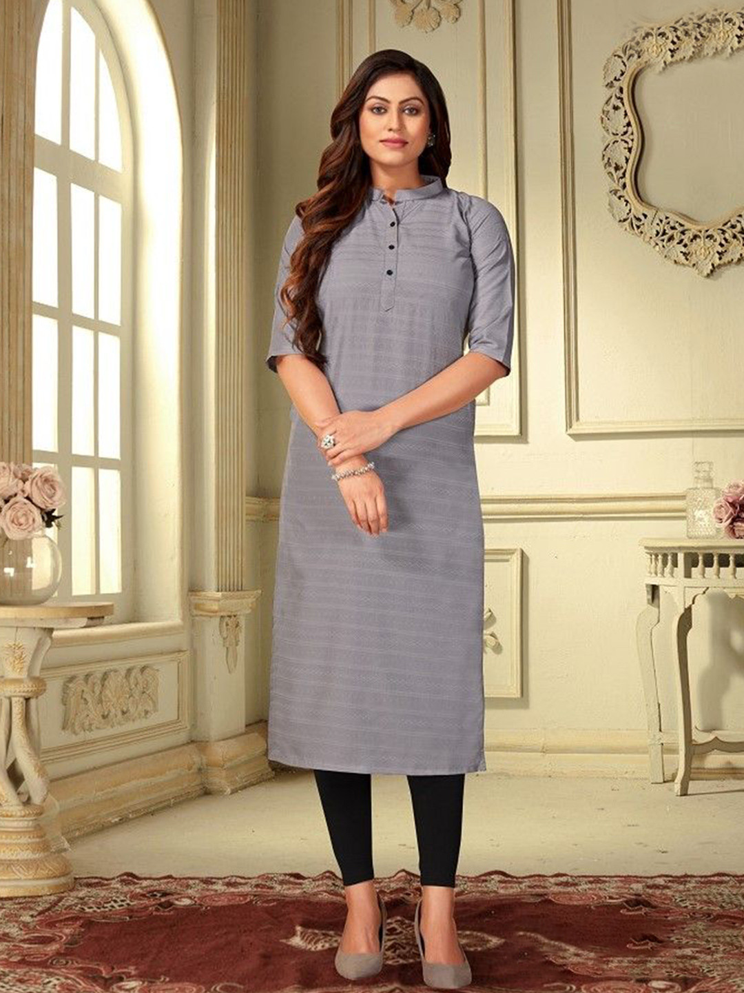 FASHION GALLERIA Geometric Woven Design Mandarin Collar Straight Kurta