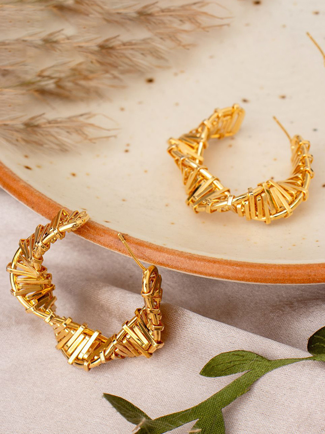 Maasha Stainless Steel Textured Chunky Contemporary Half Hoop Earrings