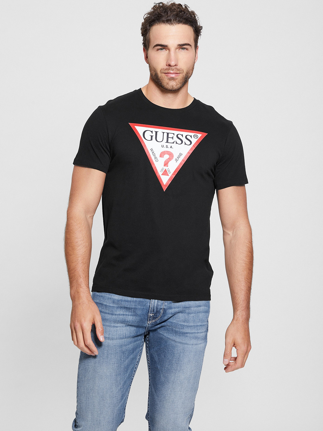 GUESS Men Brand Logo Printed Pure Cotton Slim Fit T-shirt