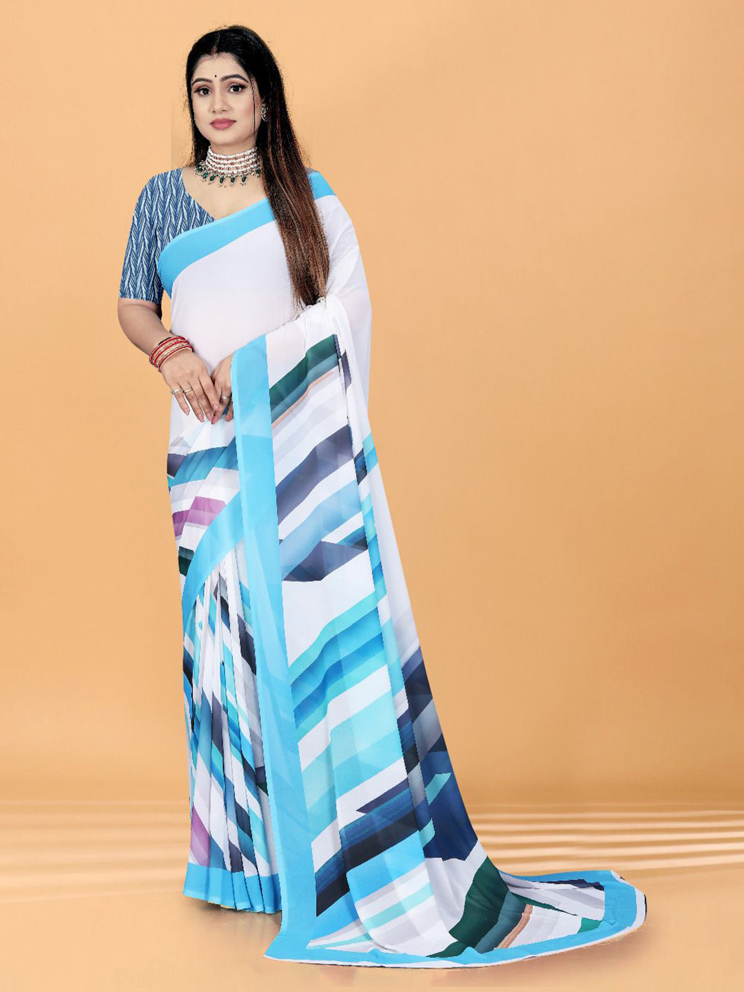 P D Silk Mills Geometric Printed Pure Georgette Saree