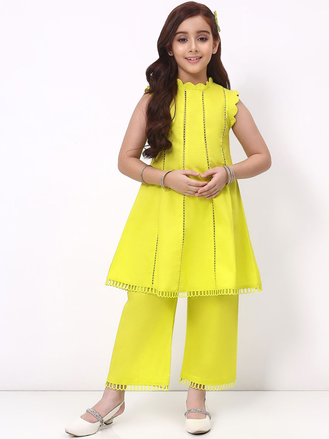 SPUNKIES Girls Lime Green Ethnic Sleeveless Pure Cotton Kurta with Palazzo