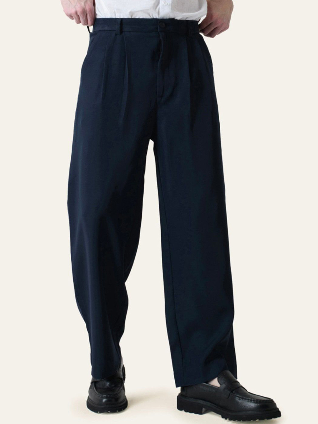 PERCH Men Navy Blue Solid Pleated Korean Pants