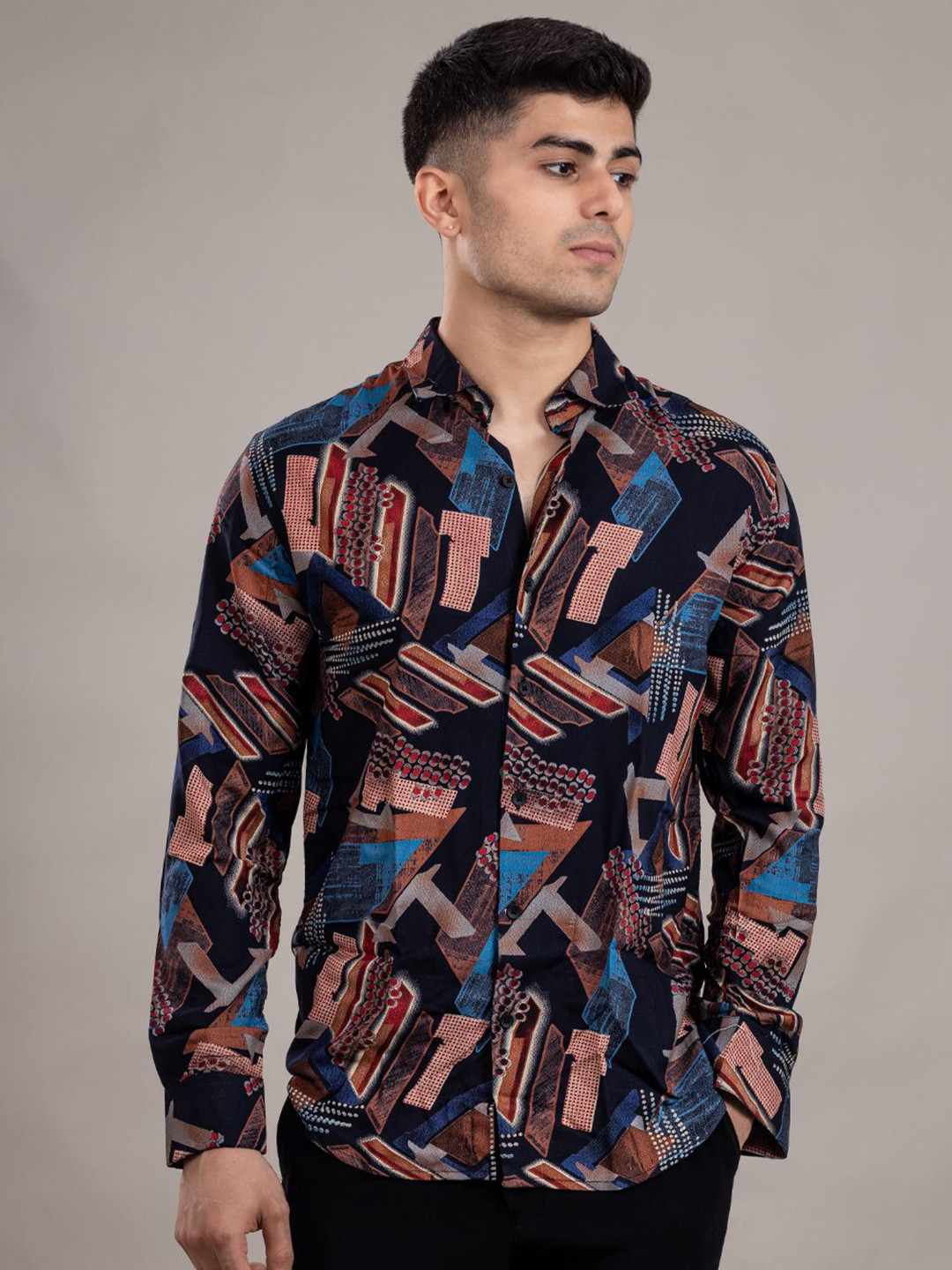 Suture Craft Relaxed 3D Tribal Brushstorm Printed Wrinkle Free Slim Fit Shirt