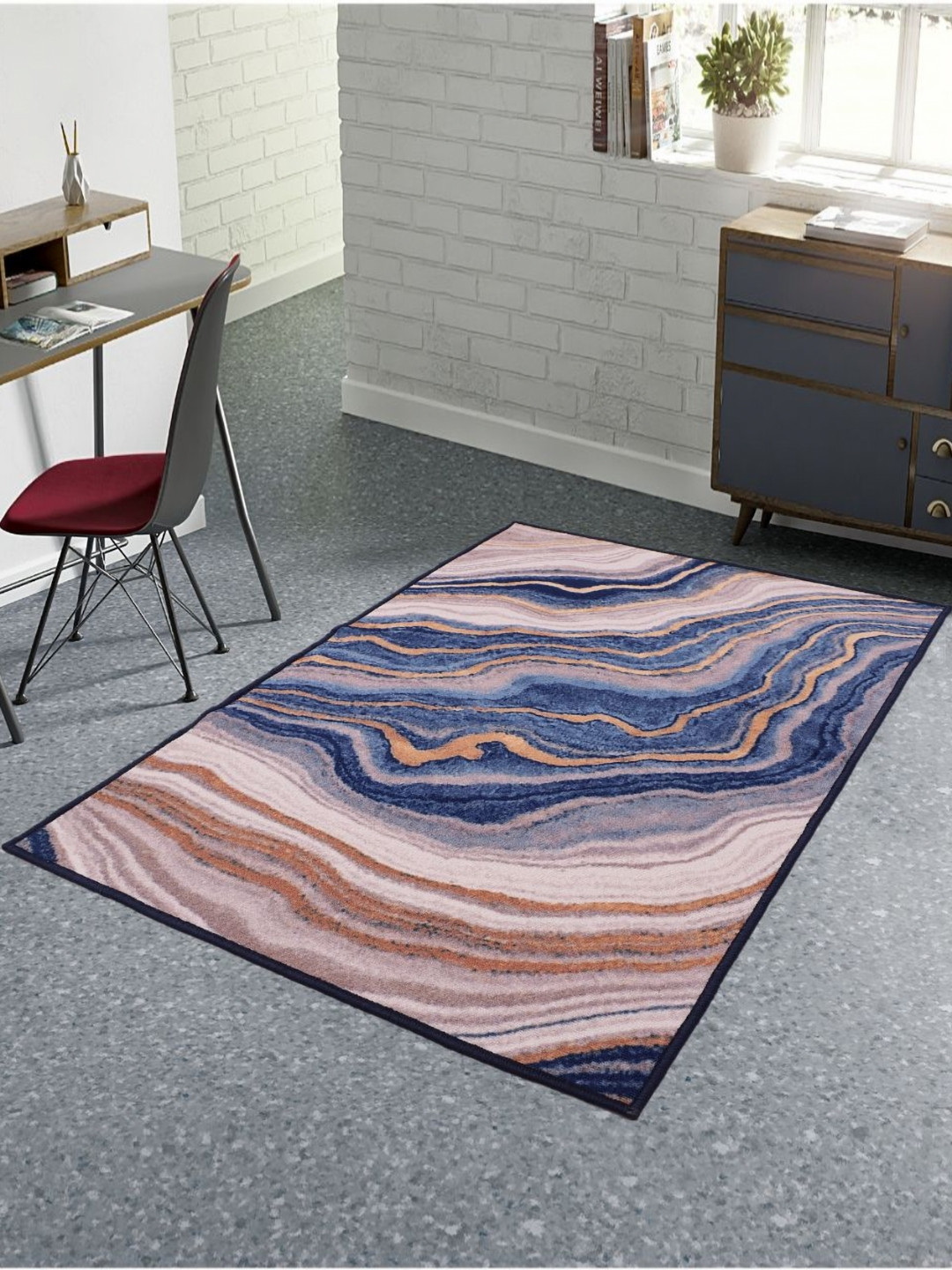 MODEFE Navy Blue & Beige Abstract Anti-Skid Light Carpet