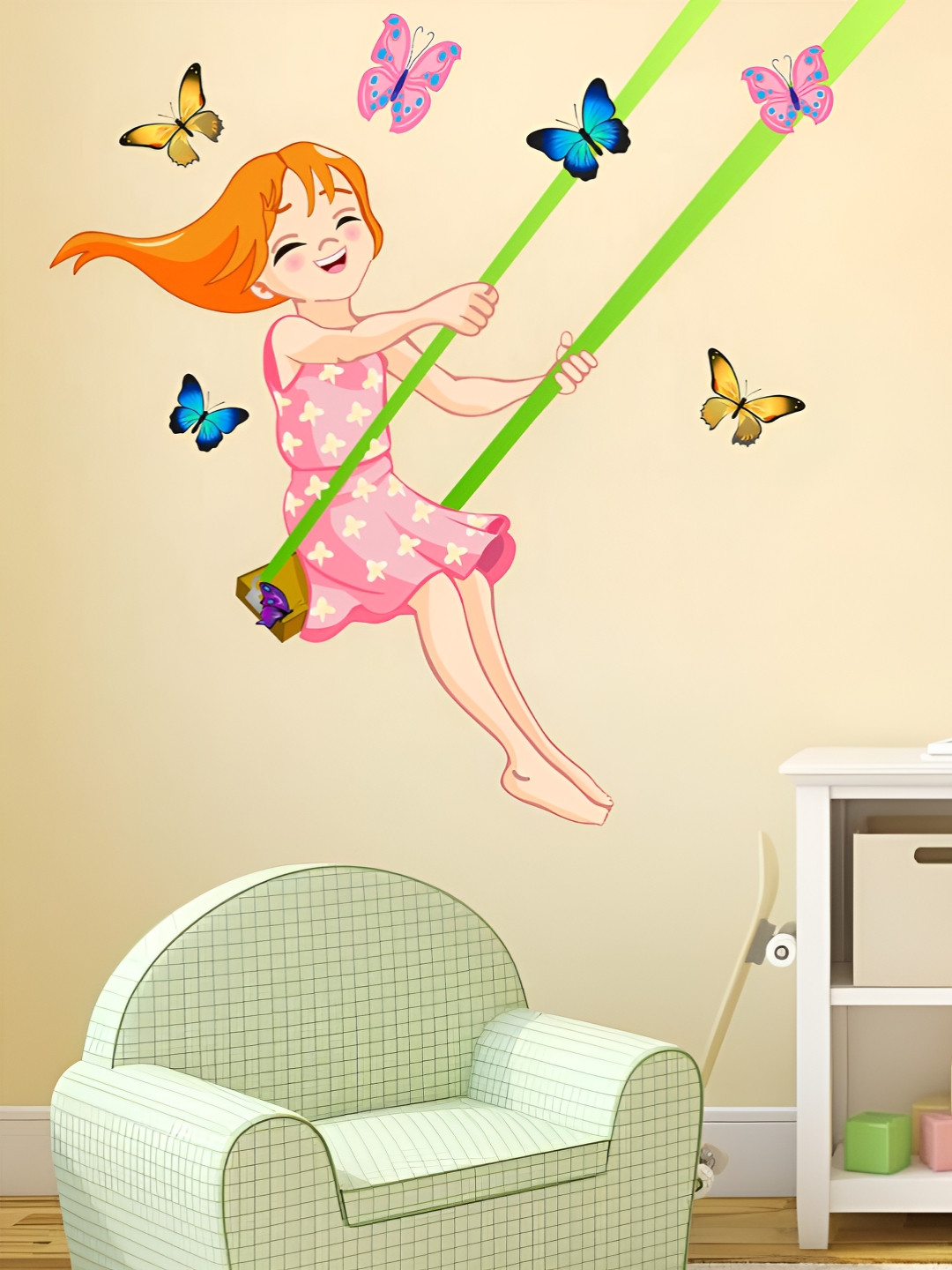LANSTICK Pink & Green Girl With Butterflies Wallsticker