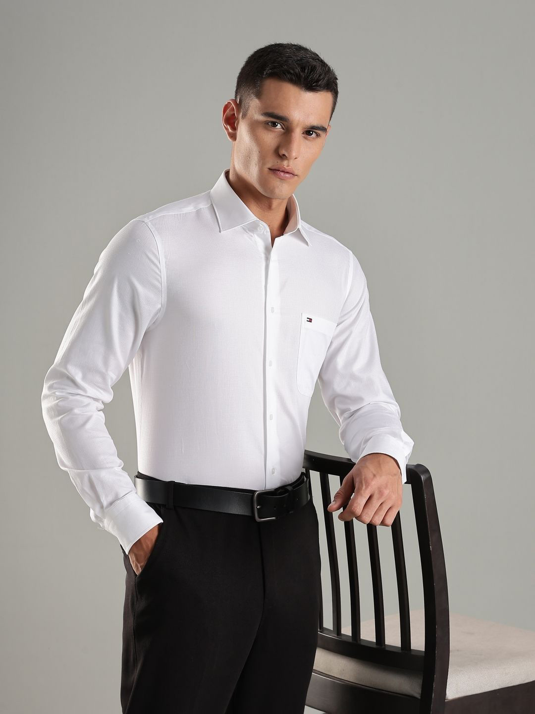 Tommy Hilfiger Europe Self Design Spread Collar Pure Cotton Formal Shirt