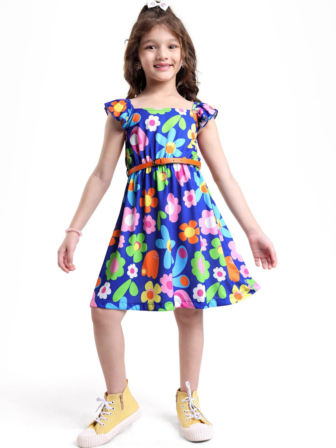 Hola Bonita Girls Floral Print Square Neck Cap Sleeves Fit & Flare Dress
