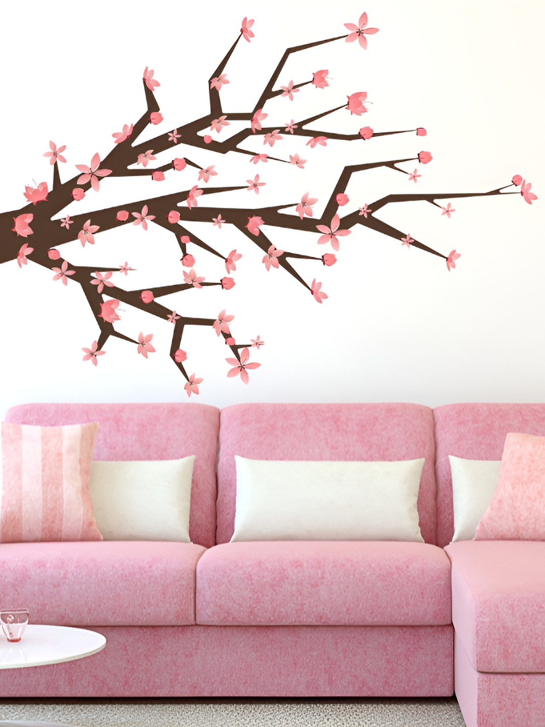 LANSTICK Pink & Brown Tree With Flower Printed Waterproof Wallpaper