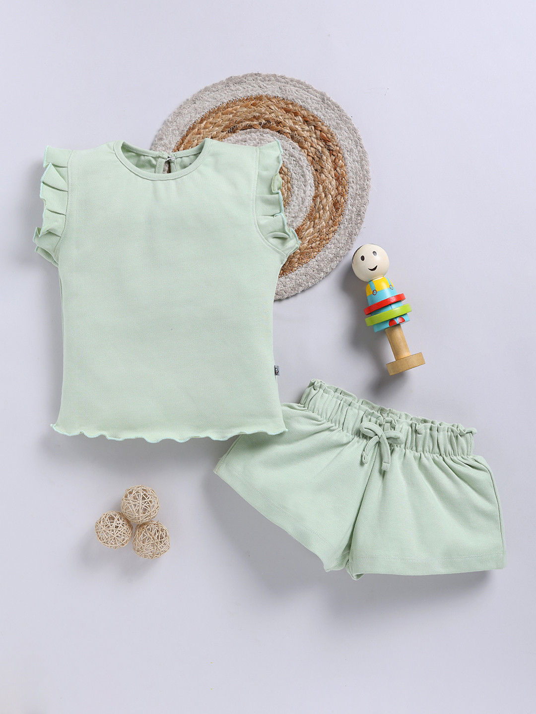 YK X Tinyo Girls Ruffle and Back Button Detail Top with Shorts