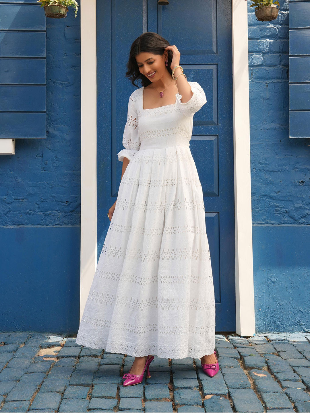 Golden Mirror Whisper In White  Puff Sleeve Fit & Flare Maxi Dress